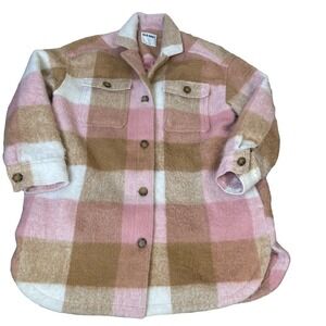 Old Navy Checkered Coat wool Shacket jacket plaid pink/brown pockets SZ L
